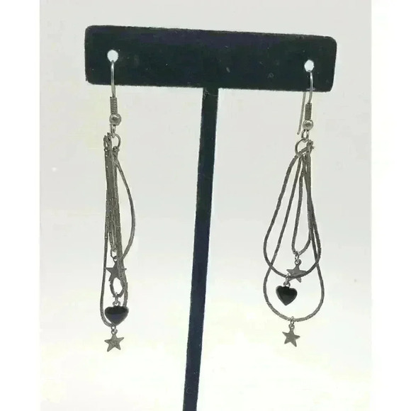 Vintage Silver Earrings Long Herringbone Chains Star Moon Charms 80s Dangle - Picture 3 of 9